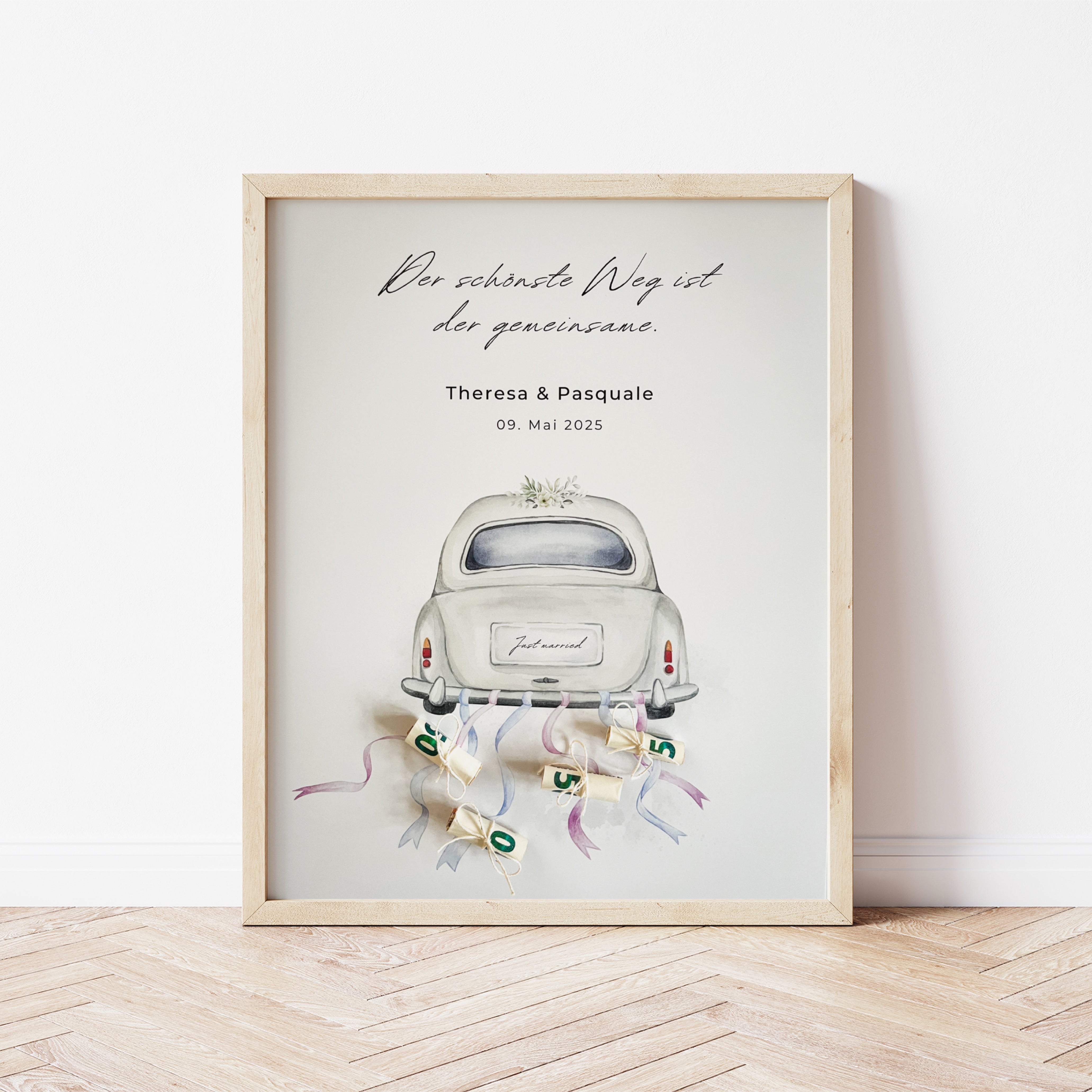 Personalisiertes Geldgeschenk zur Hochzeit mit Auto-Motiv, Druckvorlage zum selbst Ausdrucken für Geldscheine
