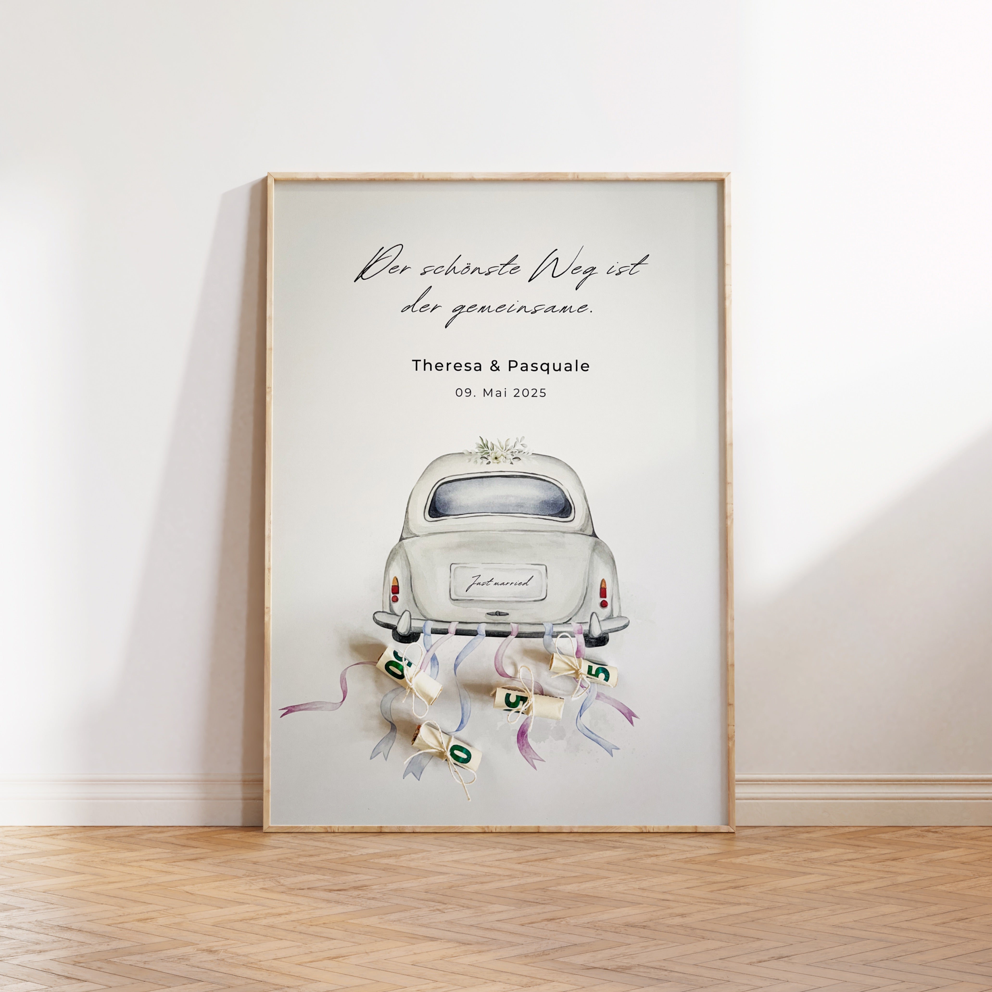 Personalisiertes Geldgeschenk zur Hochzeit mit Auto-Motiv, Druckvorlage zum selbst Ausdrucken für Geldscheine