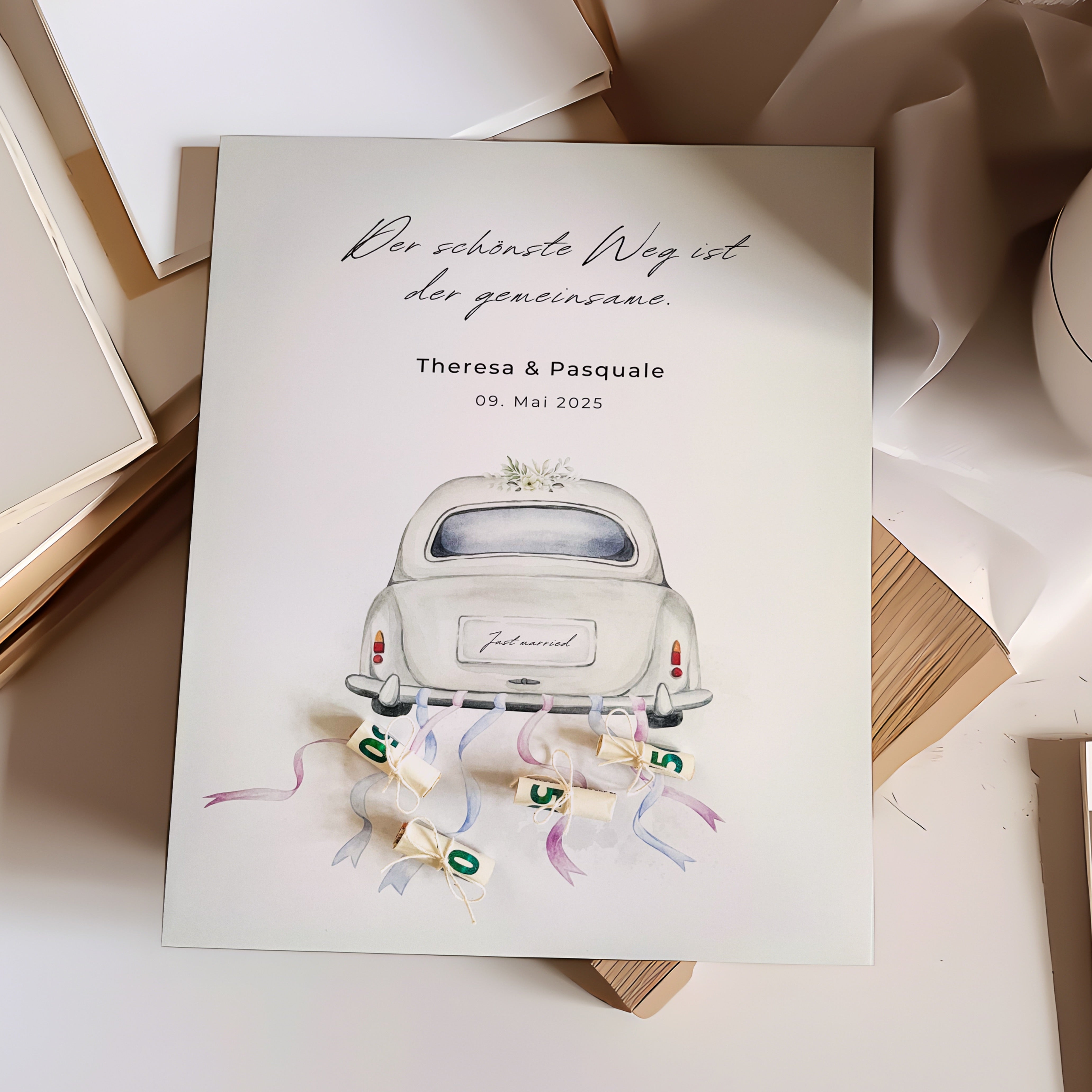 Personalisiertes Geldgeschenk zur Hochzeit mit Auto-Motiv, Druckvorlage zum selbst Ausdrucken für Geldscheine
