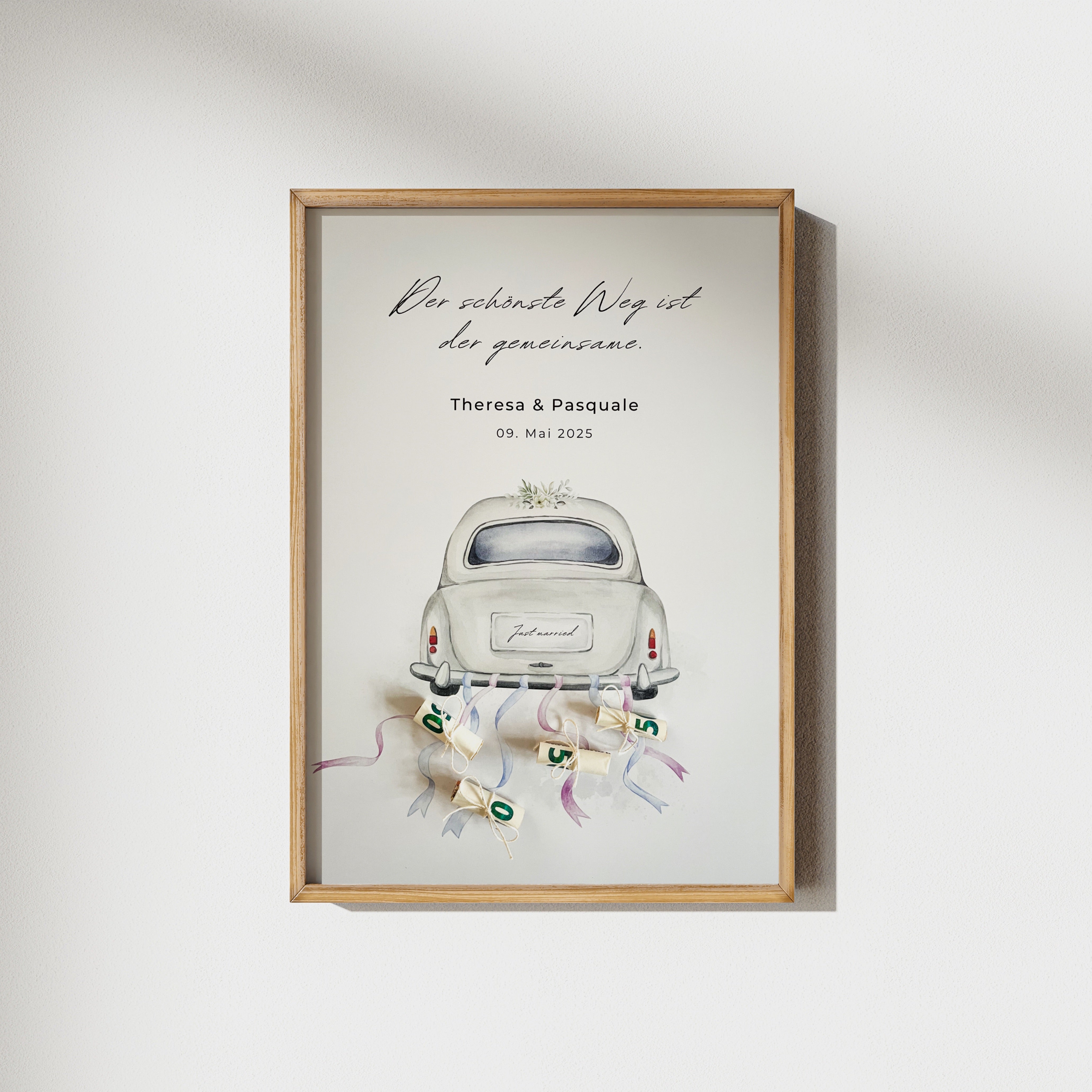 Personalisiertes Geldgeschenk zur Hochzeit mit Auto-Motiv, Druckvorlage zum selbst Ausdrucken für Geldscheine