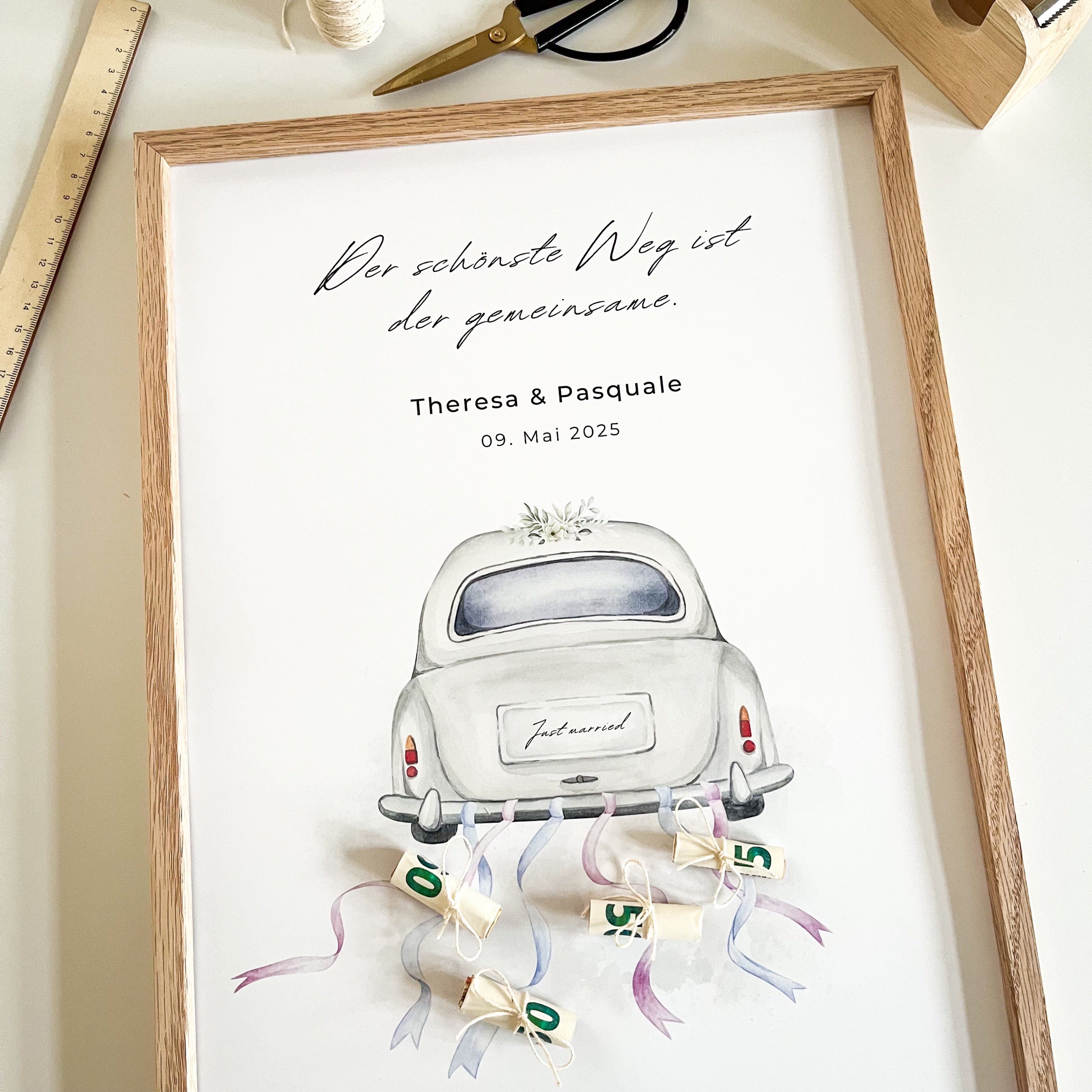 Personalisiertes Geldgeschenk zur Hochzeit mit Auto-Motiv, Druckvorlage zum selbst Ausdrucken für Geldscheine