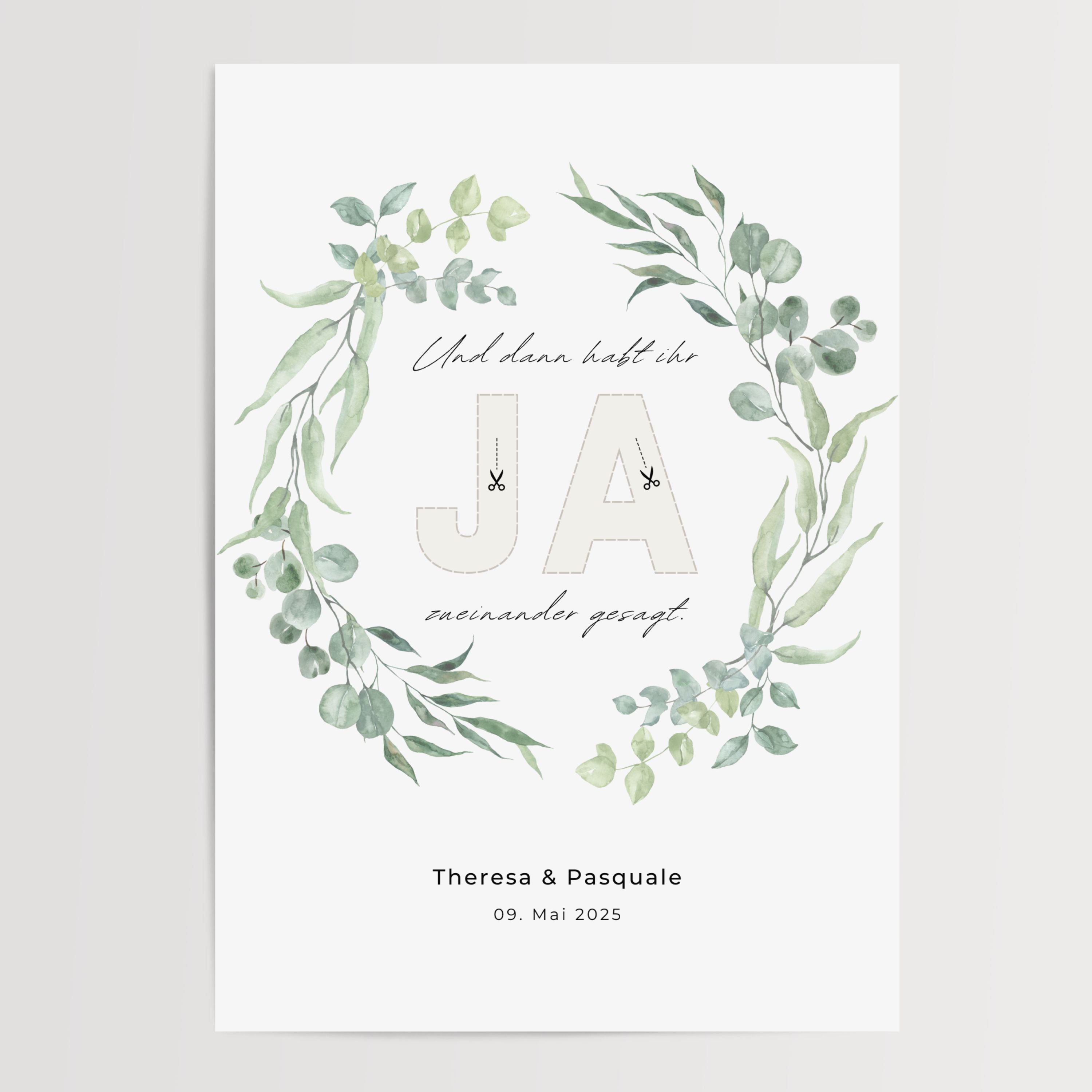 Personalisiertes Geldgeschenk zur Hochzeit mit Greenery-Eukalyptus-Kranz und JA-Ausschnitt für Geldscheine, digitale Druckvorlage.