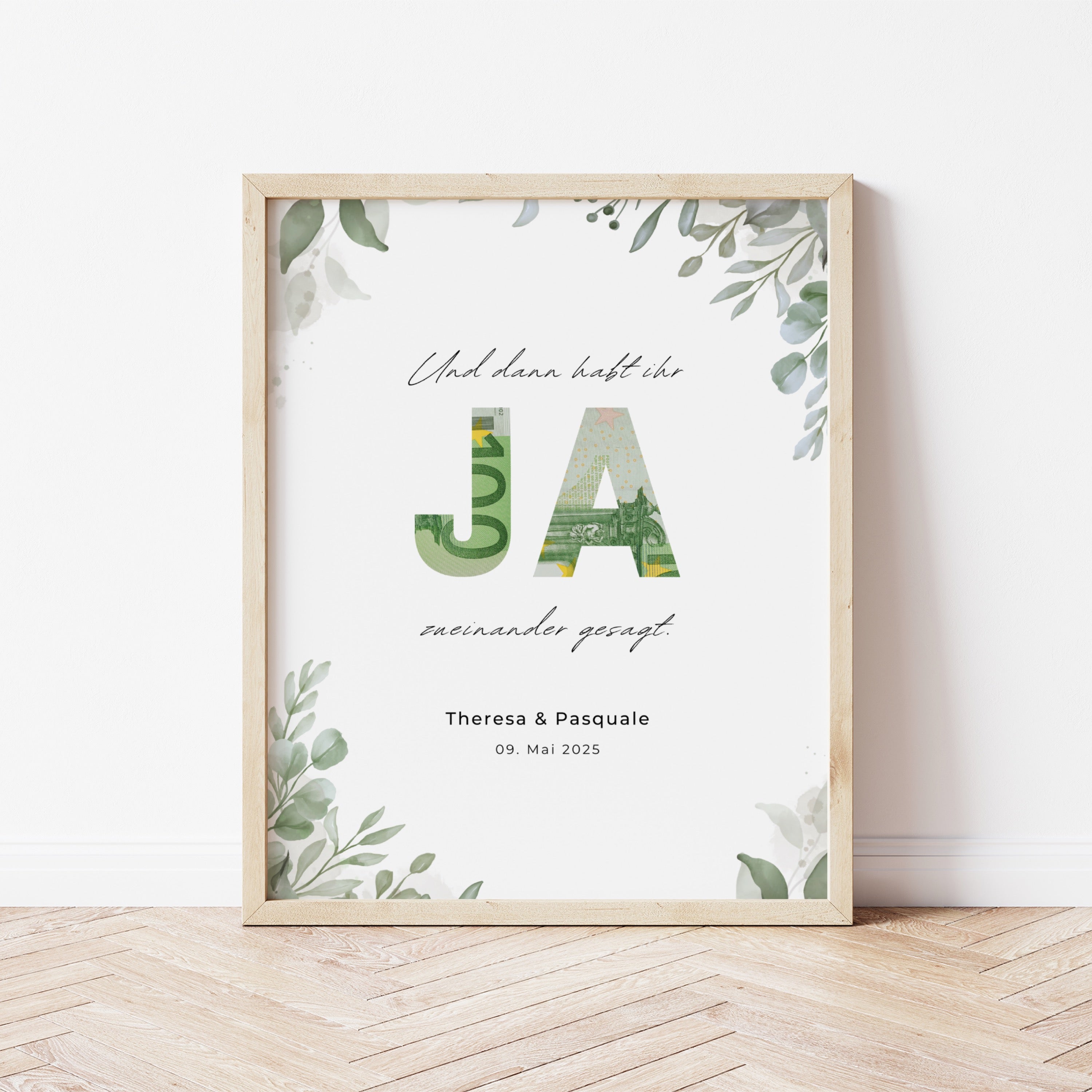Personalisiertes Geldgeschenk Hochzeit mit Olivenzweigen und JA-Ausschnitt, digitale Vorlage zum Ausdrucken