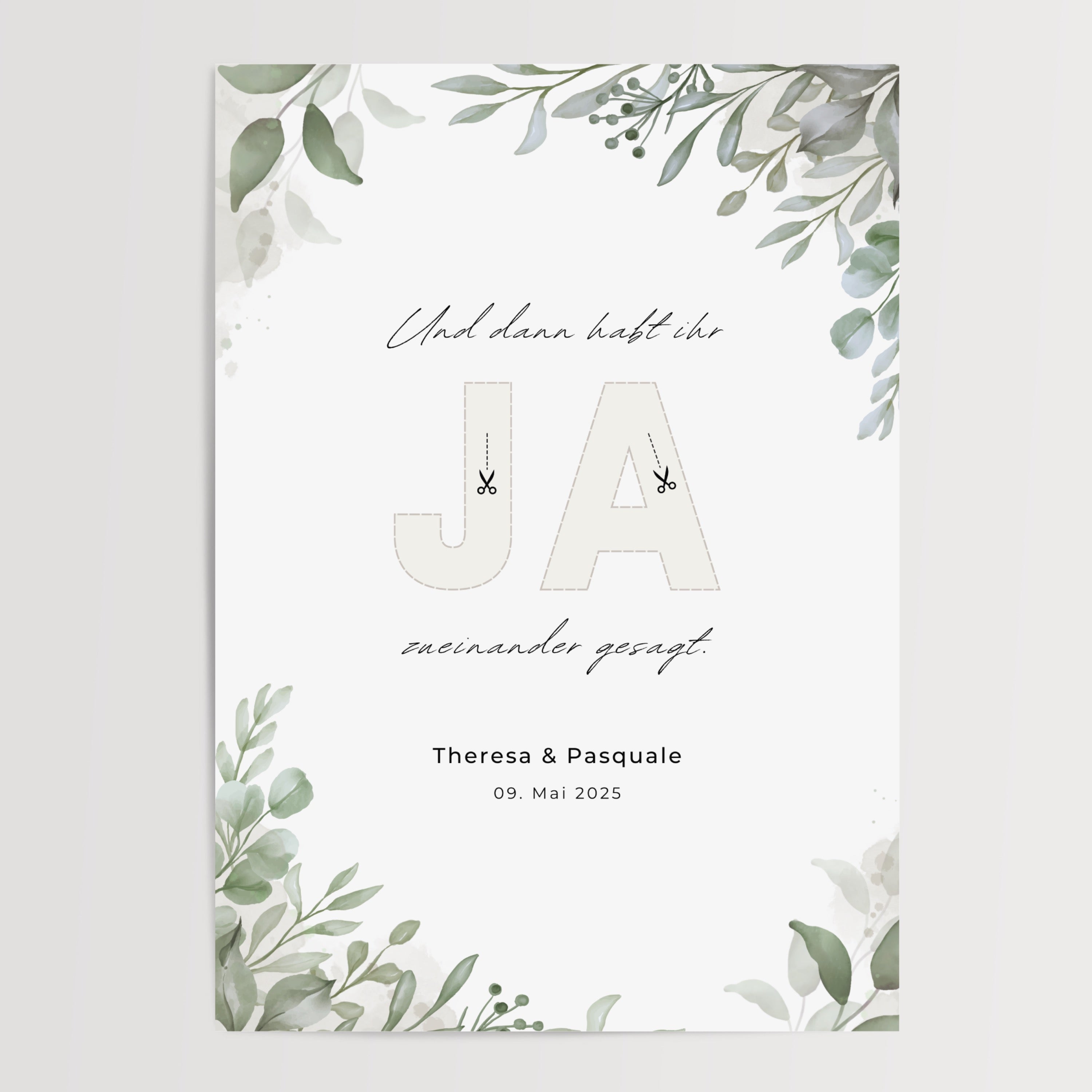 Personalisiertes Geldgeschenk Hochzeit mit Olivenzweigen und JA-Ausschnitt, digitale Vorlage zum Ausdrucken