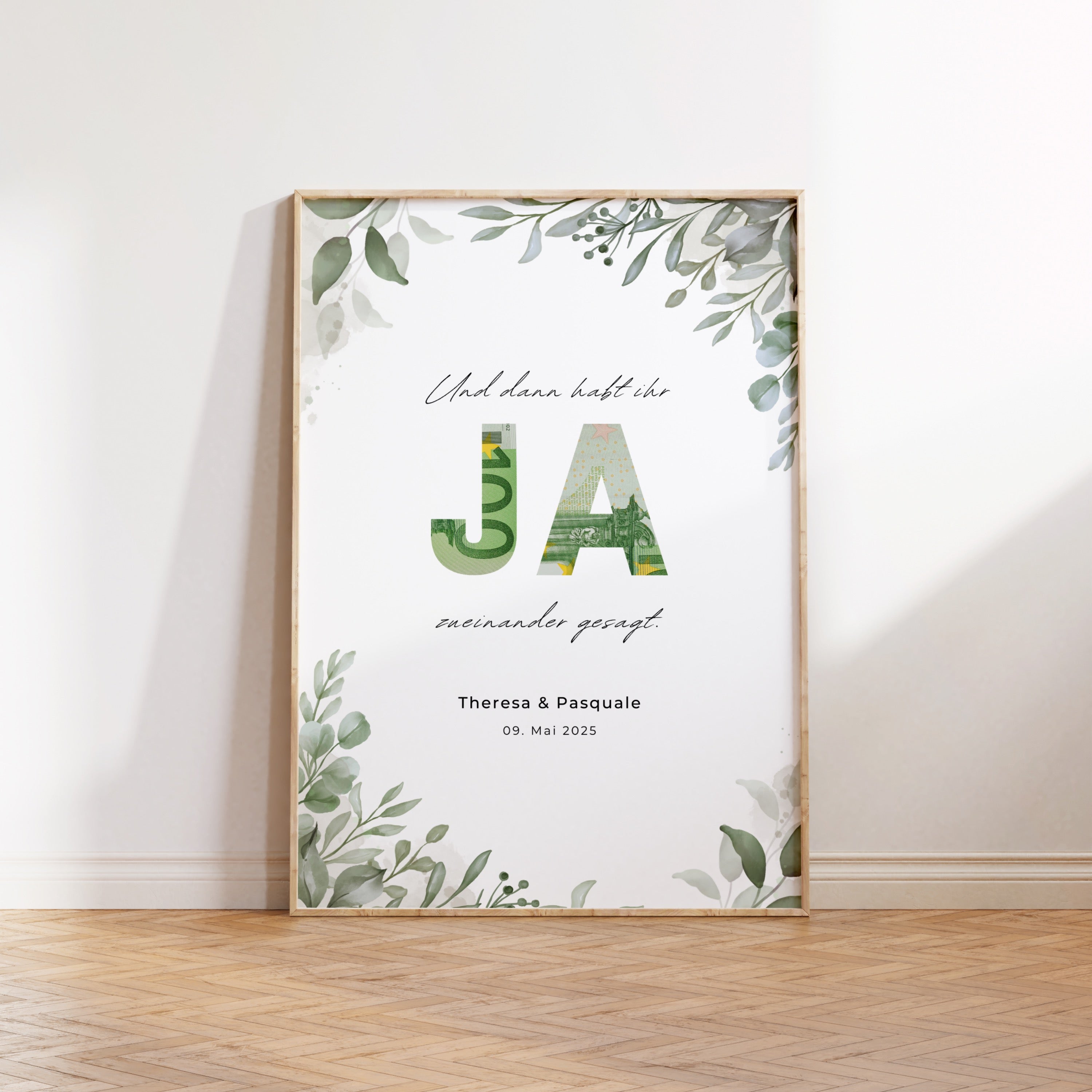 Personalisiertes Geldgeschenk Hochzeit mit Olivenzweigen und JA-Ausschnitt, digitale Vorlage zum Ausdrucken