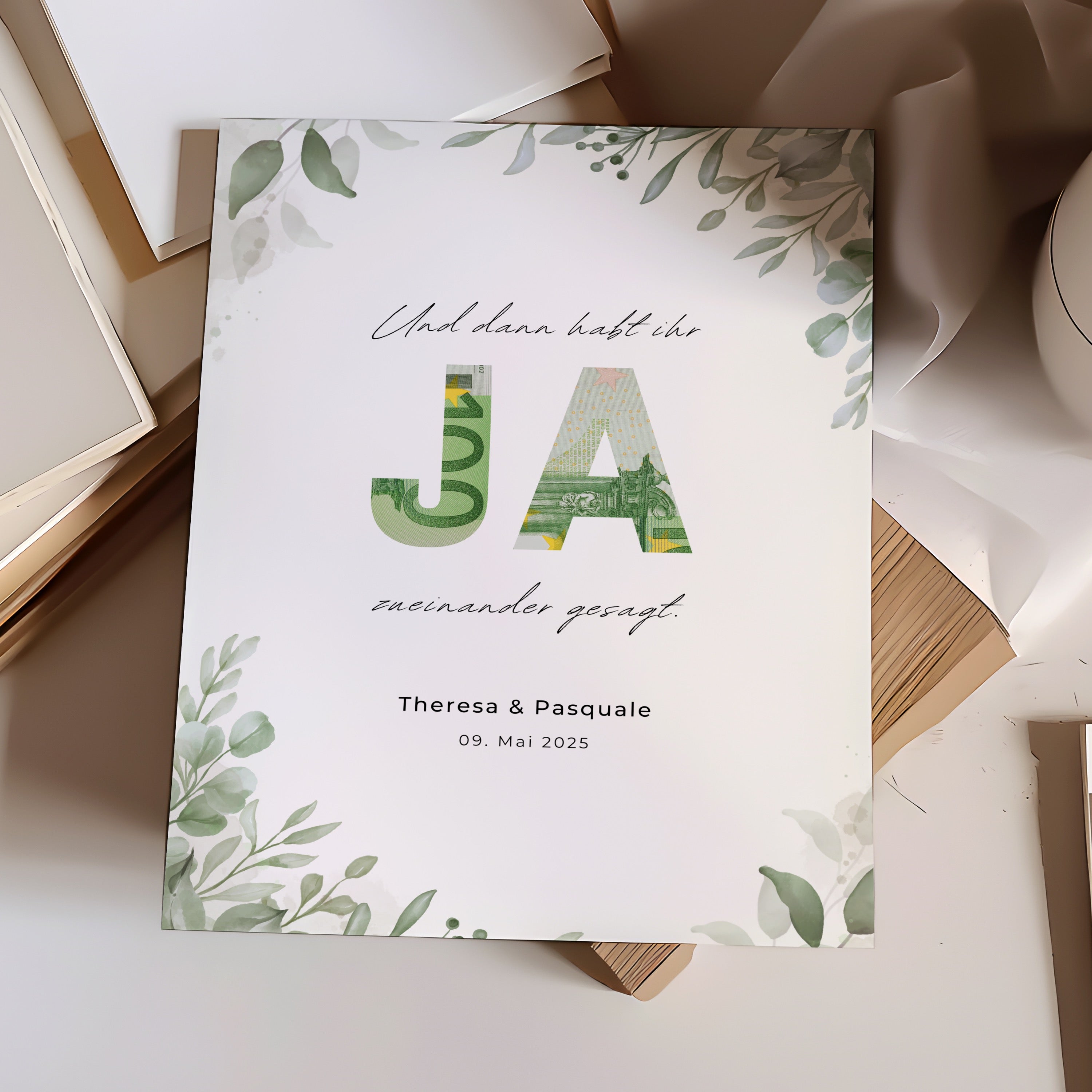 Personalisiertes Geldgeschenk Hochzeit mit Olivenzweigen und JA-Ausschnitt, digitale Vorlage zum Ausdrucken