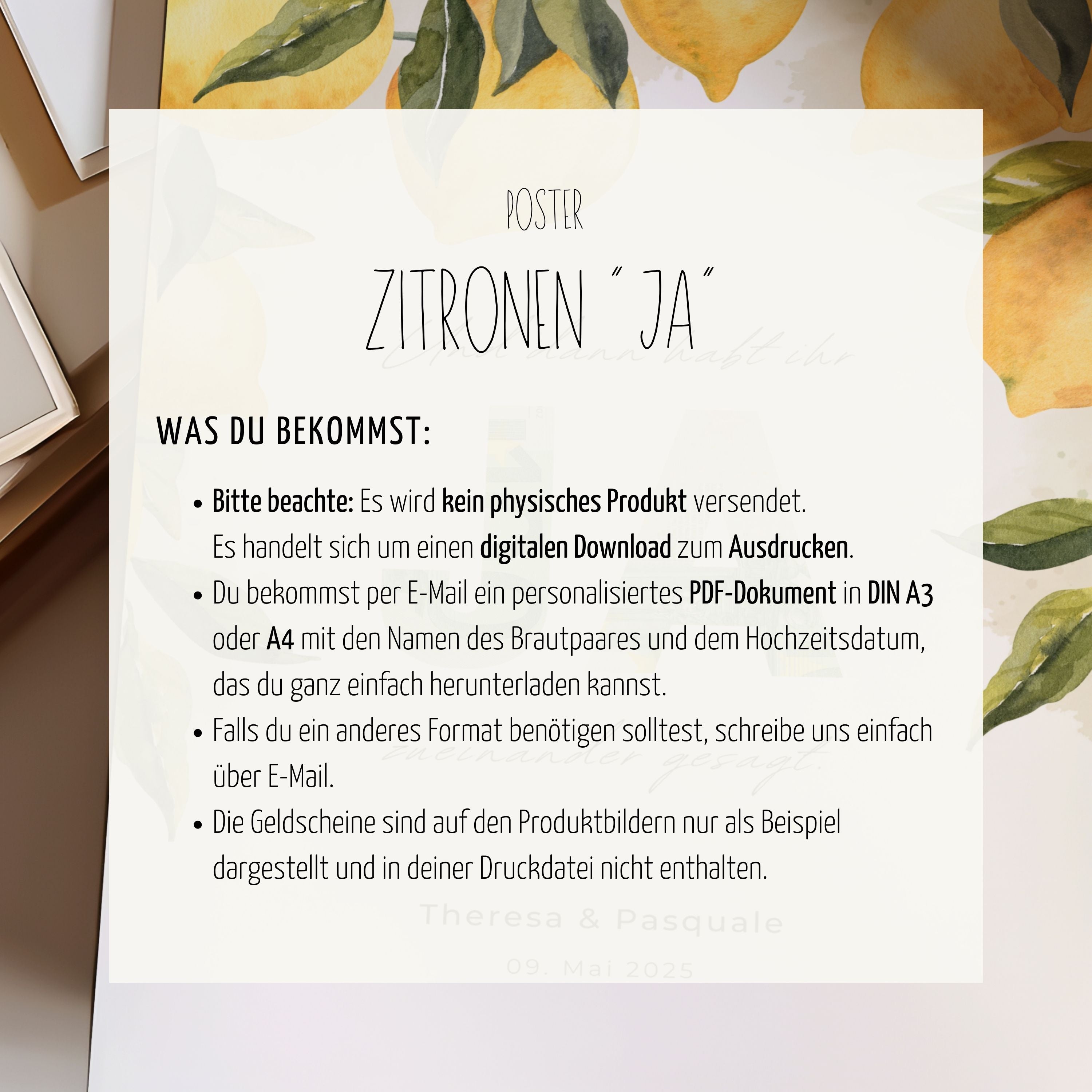 Personalisiertes Geldgeschenk zur Hochzeit "Zitrone" | Druckvorlage (digitaler Download)