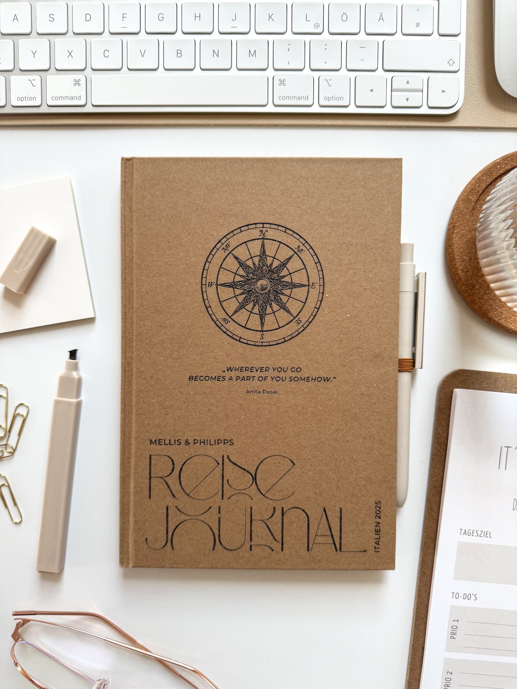 Personalisiertes Reise-Notizbuch mit Kompass-Motiv | Notizbuch (A5) mit Gravur und Stift