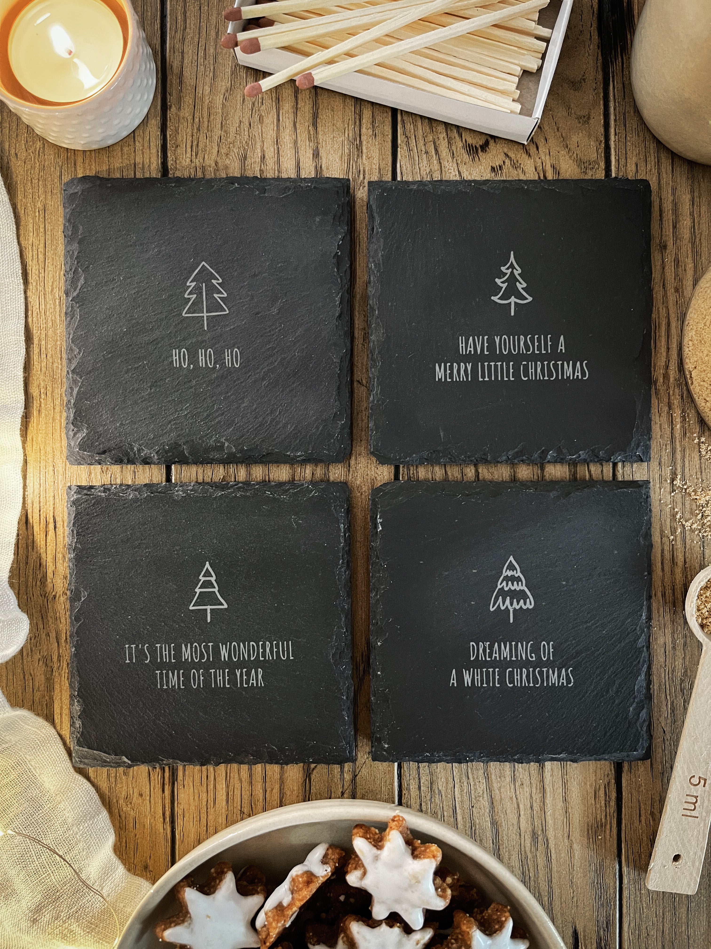 Schiefer-Untersetzer | Weihnachten minimalistisch 4er-Set