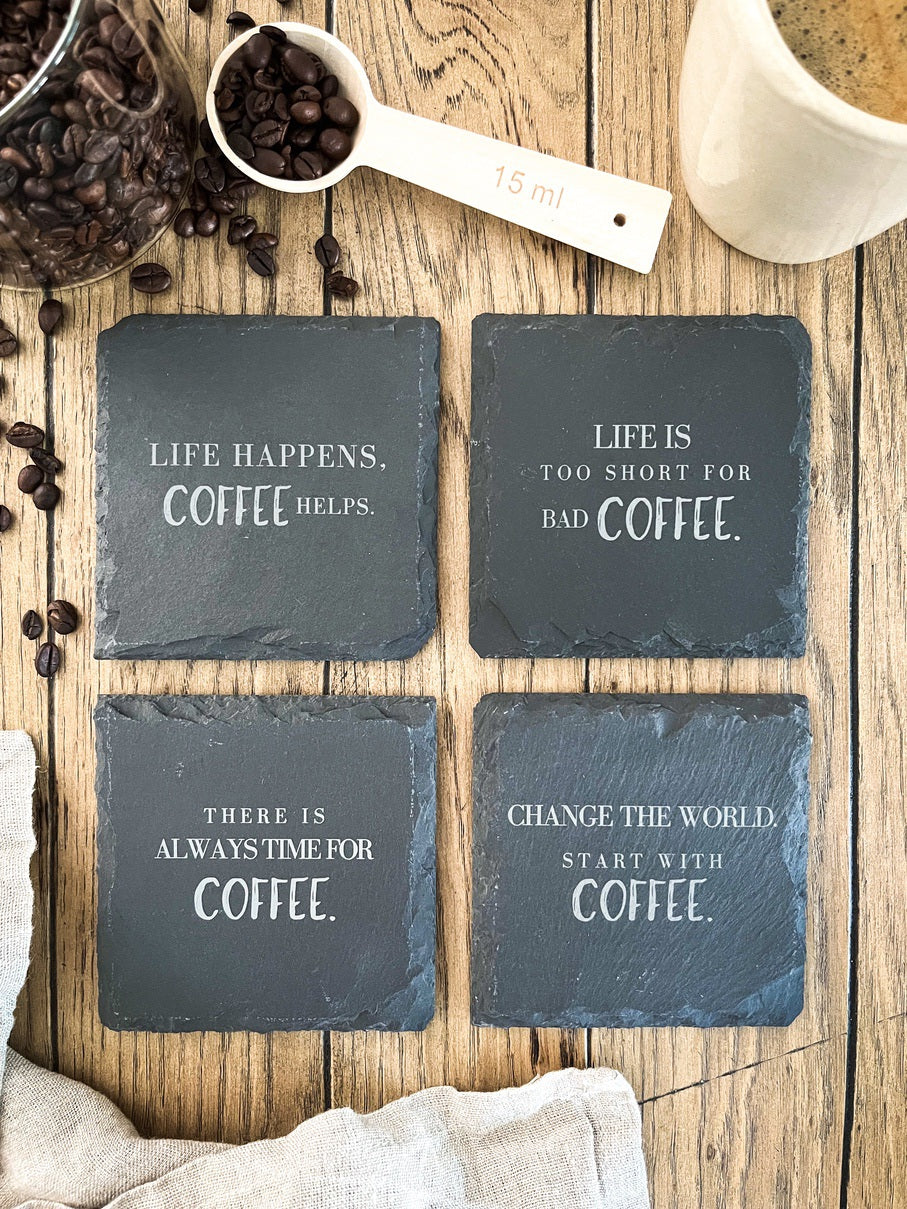 Schiefer-Untersetzer | Englische Kaffee-Sprüche 4er-Set