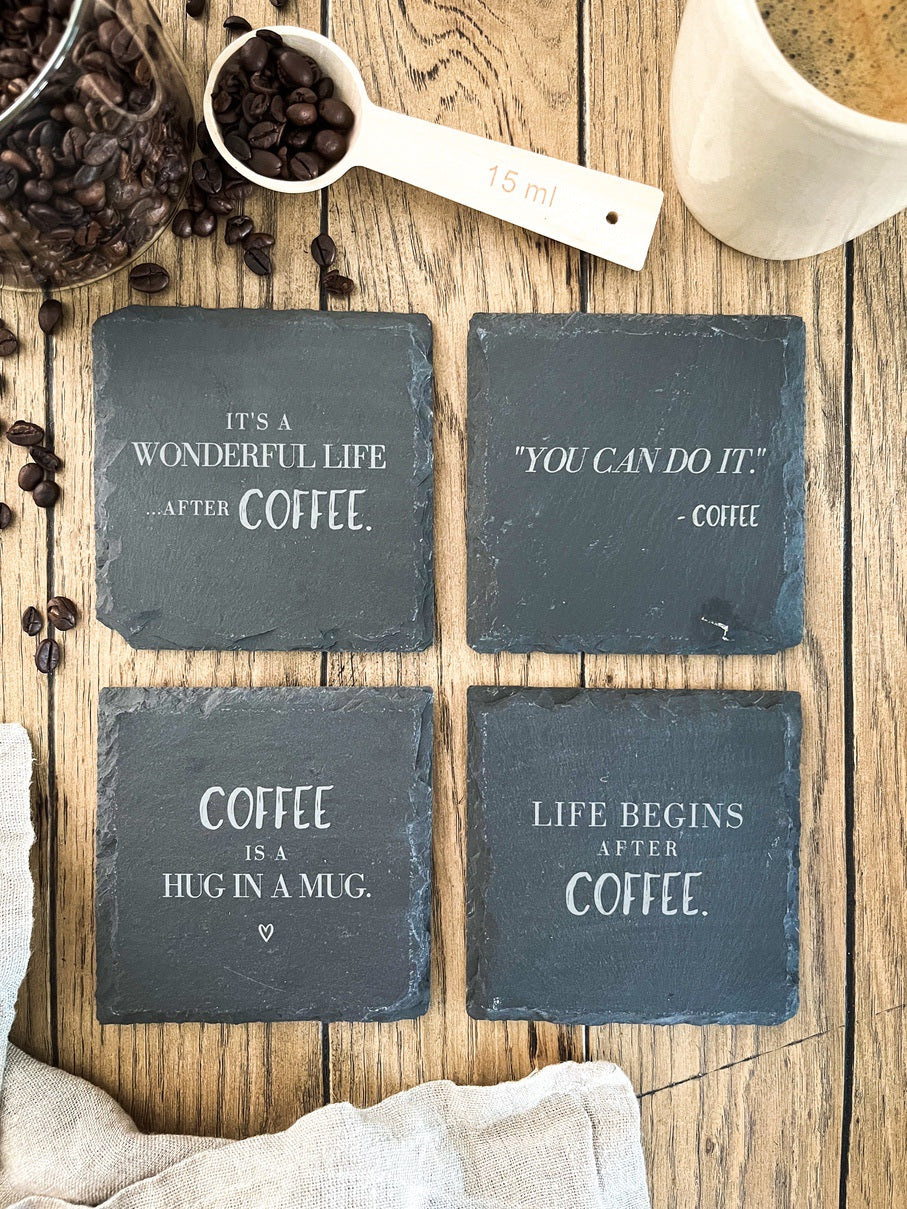 Schiefer-Untersetzer | Englische Kaffee-Sprüche 4er-Set