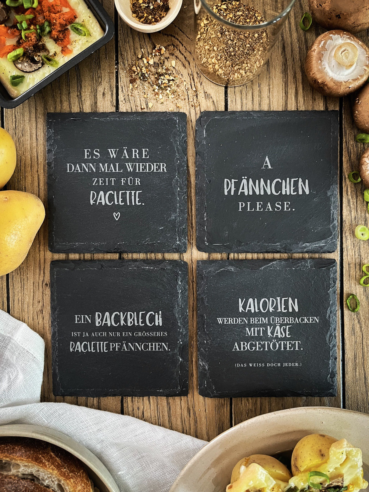 Schiefer-Untersetzer | Raclette-Sprüche 4er-Set
