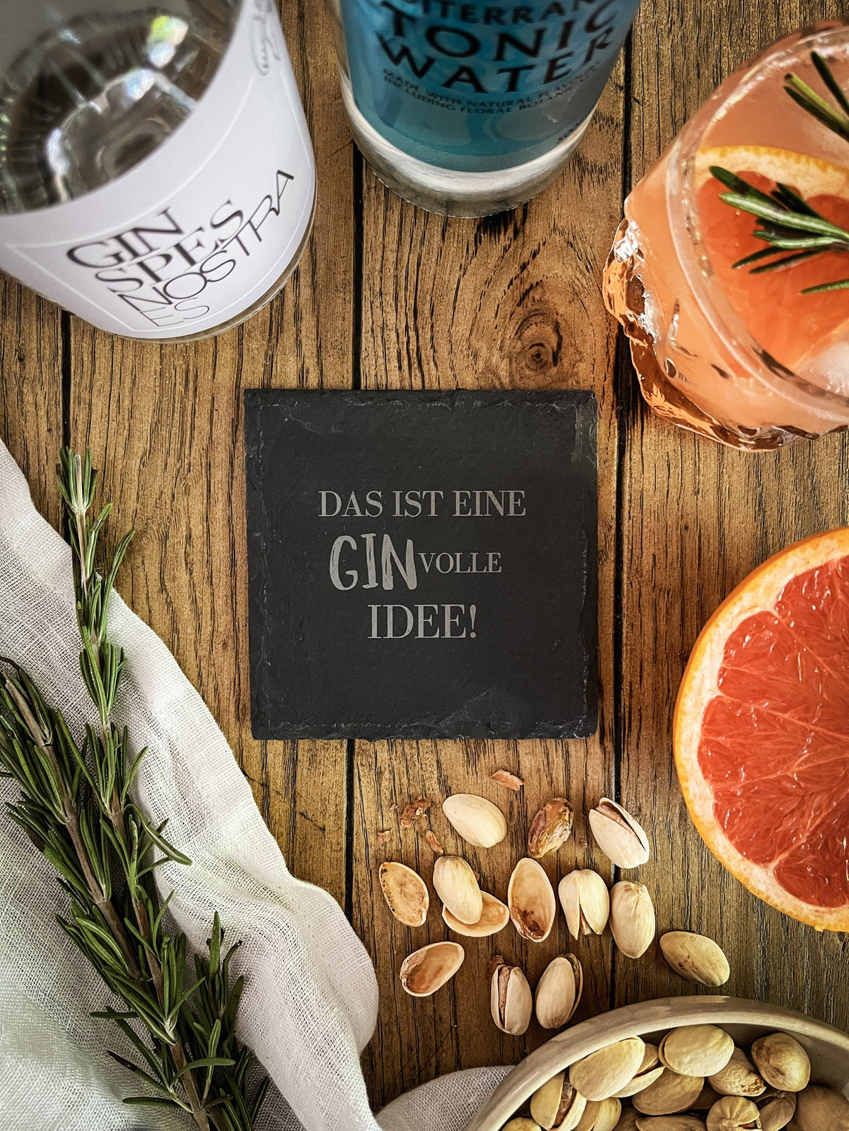 Schiefer-Untersetzer | Deutsche Gin-Sprüche 4er-Set