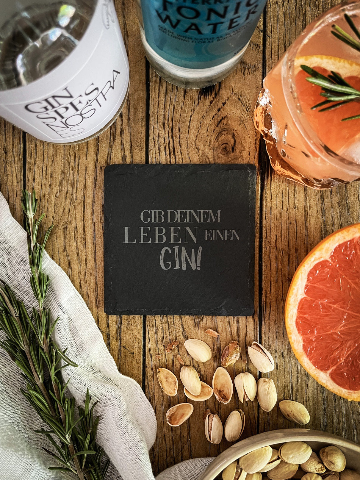 Schiefer-Untersetzer | Deutsche Gin-Sprüche 4er-Set