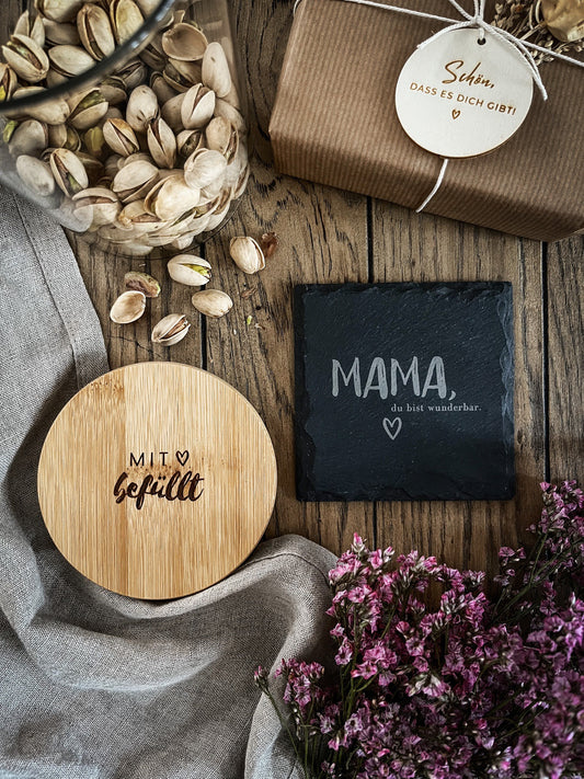 Geschenkset "Mama" | Vorratsglas 1000ml & Mama-Untersetzer