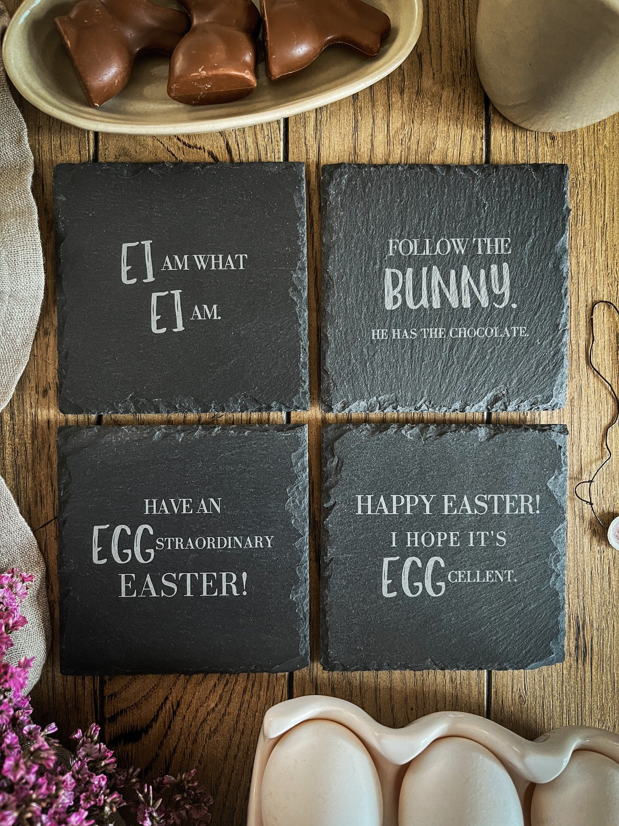 Schiefer-Untersetzer | Oster-Sprüche 4er-Set